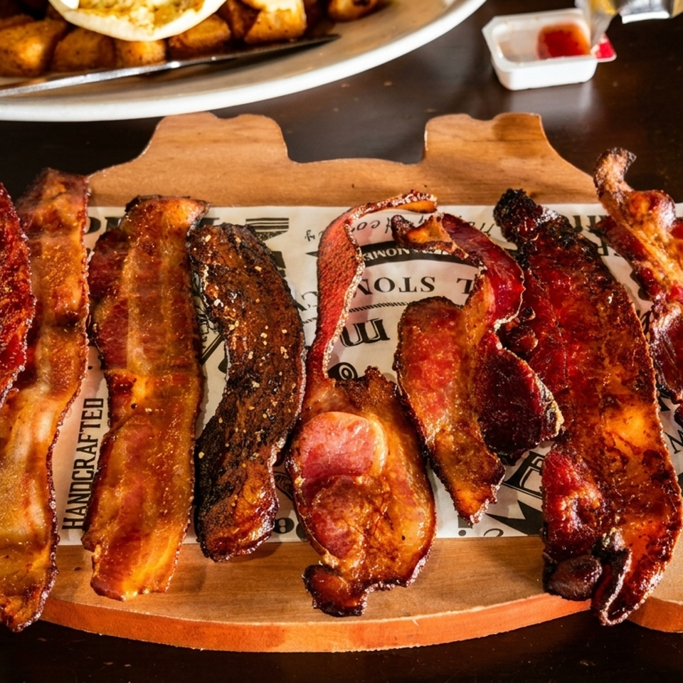 Crispy bacon strips on a wooden board with newspaper-style paper, with a breakfast plate in the background.