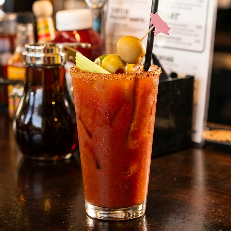 A Bloody Mary cocktail with celery, olives, and a pig-shaped pick on a dark wooden bar.