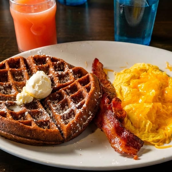 Breakfast plate with a waffle topped with butter, bacon, and cheesy scrambled eggs, with drinks.